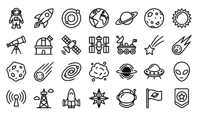 Astronomy and Space Icon Collection with Rocket Planet Satellite and Cosmic Symbols © Lipon