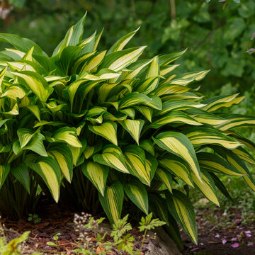 Hosta Glamour is a charming and elegant hosta variety. The foliage is lanceolate in shape, with a cream center and a two-tone dark green and chartreuse feather-shaped border.