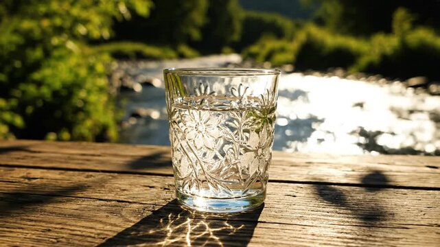 Ornate floral etched glass of clear water sits on a rustic wooden table with sun-dappled shadows, overlooking a sparkling river and lush greenery in bright golden light.