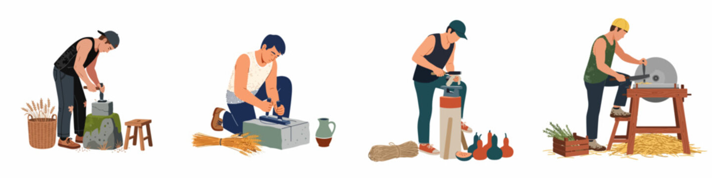 Set of four illustrations depicting men performing traditional manual crafts including stone carving, woodworking, and sharpening tools on a white background.