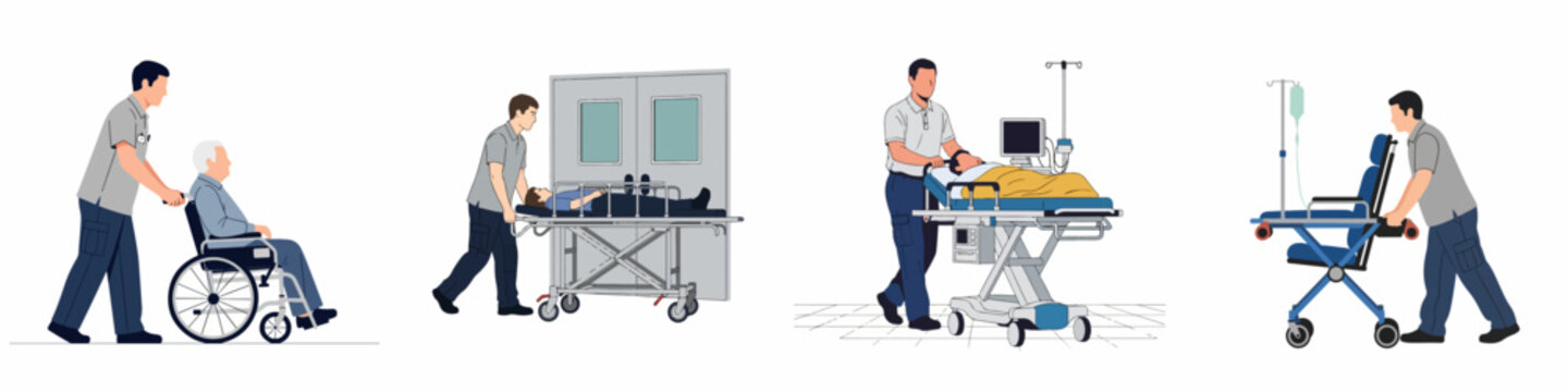 Flat vector illustrations showing medical orderlies transporting patients using wheelchairs and hospital gurneys in various healthcare settings.