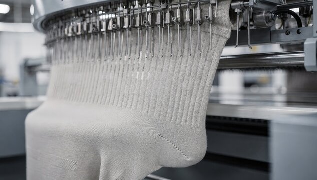 Industrial knitting machine producing mild compression socks with fine yarn for gentle leg support highlighting precision and textile detail in a medium shot.