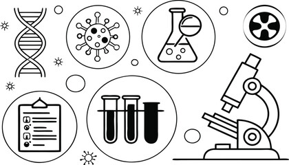 Scientific icons set including dna virus flask biohazard test tubes and microscope black line art © Riazhasan444