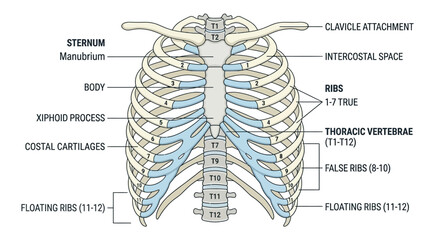 Detailed anatomical illustration of a human ribcage with labeled parts, including sternum, ribs, thoracic vertebrae, and costal cartilages, against a clean white background. © Dhiyak