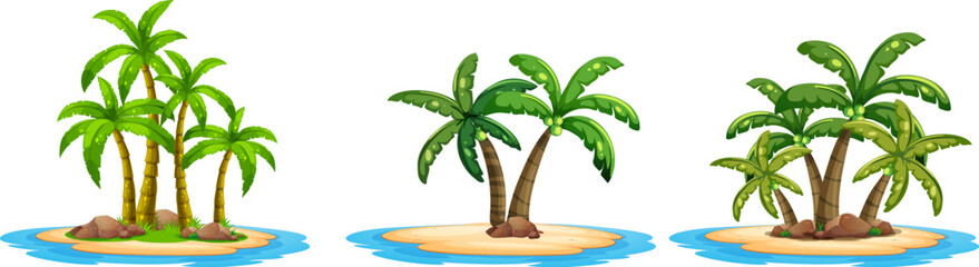 Obraz premium Tropical palm tree islands with sandy beaches and surrounding water