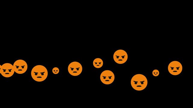 Animated stream of angry face emojis floating across dark background as social media reaction concept.