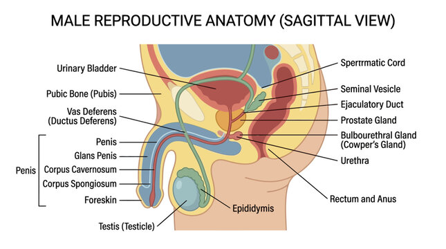 Detailed anatomical illustration of the male reproductive system in a sagittal view with labeled parts on a white background.