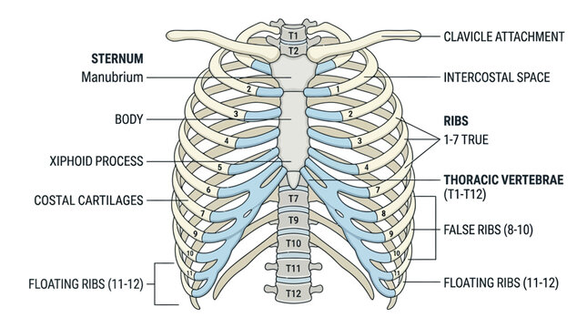 Detailed anatomical illustration of a human ribcage with labeled parts, including sternum, ribs, thoracic vertebrae, and costal cartilages, against a clean white background.