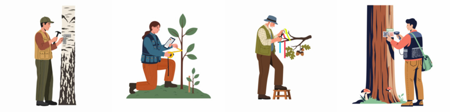 Forestry professionals and scientists conducting research, measuring growth, and tagging trees for environmental conservation and forest management.
