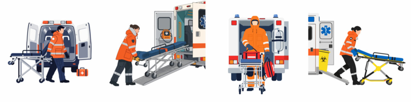 Set of illustrations showing male and female paramedics in orange uniforms operating ambulances and medical stretchers for emergency medical services.