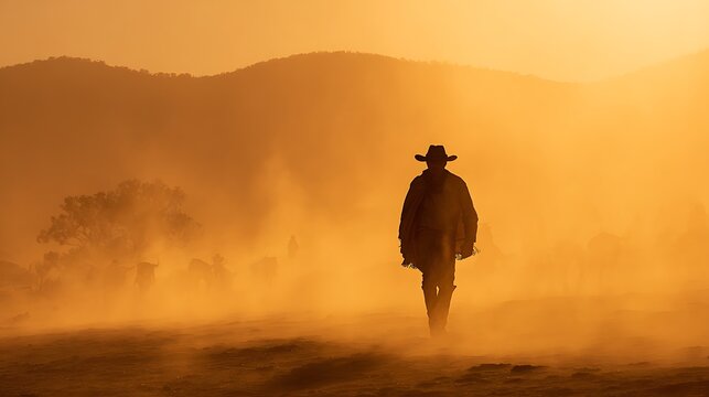 Silhouette of a lone cowboy walking through a dusty desert landscape at sunset.