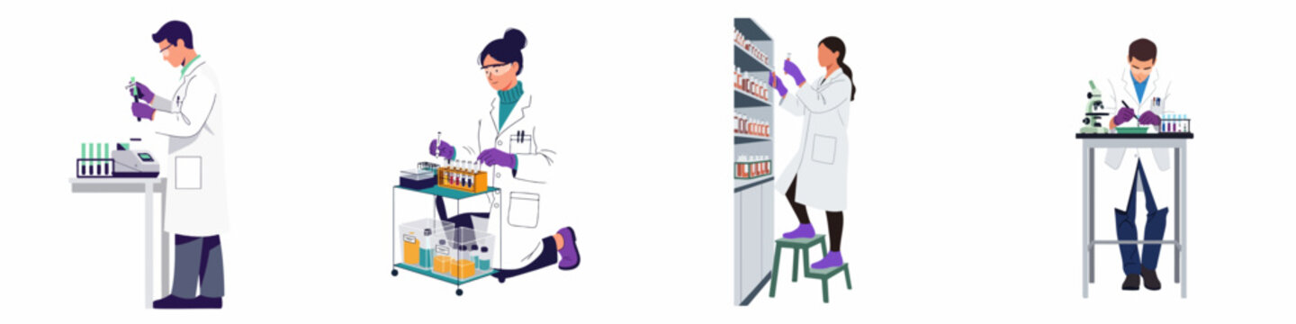 Professional scientists and lab technicians conducting research and experiments in a laboratory setting, modern flat vector illustration set.