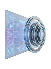 Naklejka premium Futuristic Holographic Interface with Rotating Gears and Digital Data