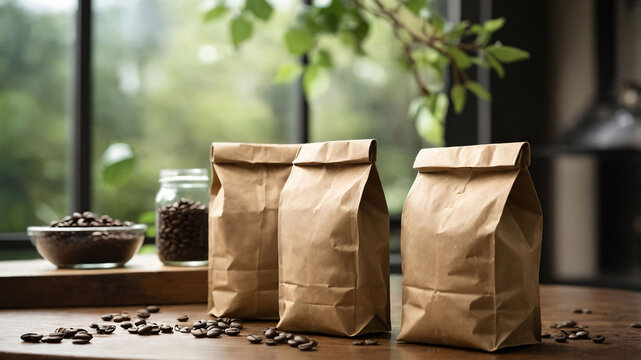 Coffee packaging mockup with kraft paper coffee bags, roasted coffee beans and a steaming cup of hot coffee. Ideal for packaging design