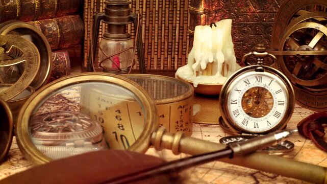 Vintage explorer desk with astrolabe, magnifying glass, books, and compass, slow zoom out.