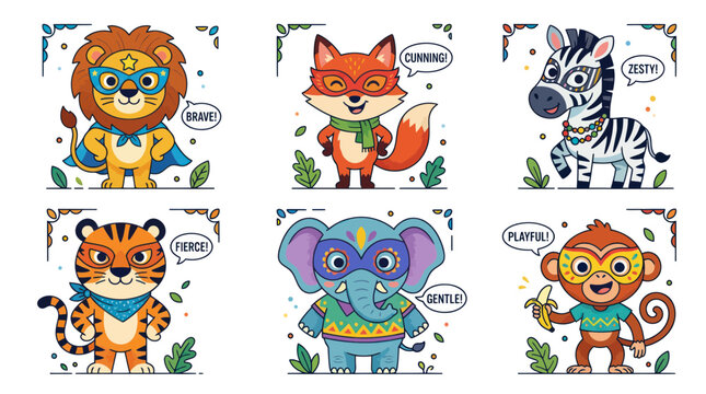 Colorful cartoon animals wearing masks and costumes with adjectives