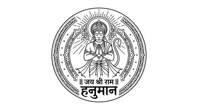 Hanuman deity in prayer within an ornate circular mandala frame