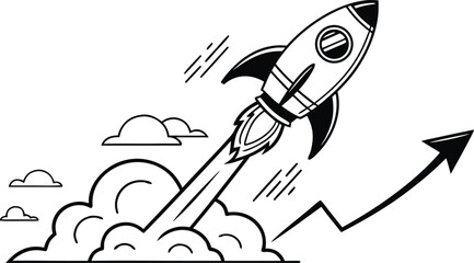 Rocket ship silhouette ascending with rising graph black and white line art on a transparent background © Riazhasan444