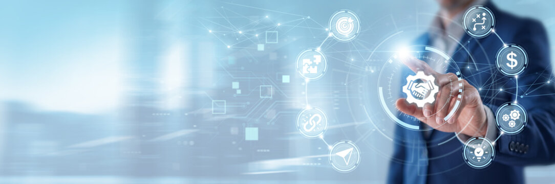 Business Cooperation, Businessman touching partnership collaboration interface and networking data, global corporate teamwork, strategic alliance management, international business communication