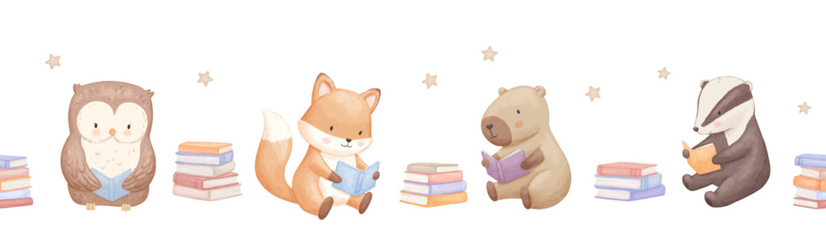 Seamless border with cute animals, watercolour illustrations for baby design, books stack, reading badger and capybara. Hand drawn childish illustrations on isolated background