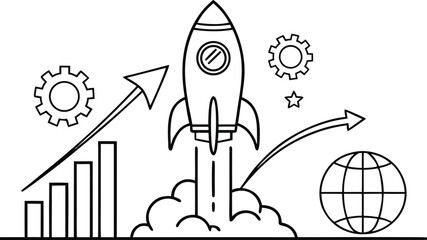 Rocket ship launch with graph gears and globe a black and white vector illustration rocketship © Riazhasan444