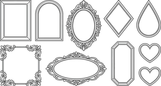 Set of vintage frames and borders, decorative elements for design, collection of various shapes isolated on white background