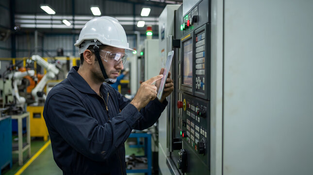Industrial operator using tablet at CNC machine console