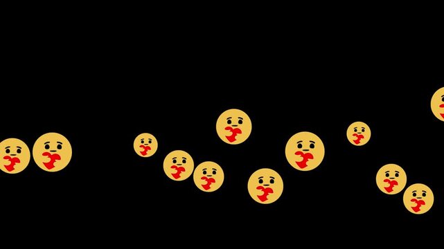 Abstract animation of multiple worried face emojis with blood drops in mouth floating on black background.
