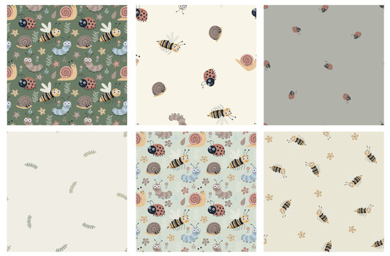 Premium scandi garden insects seamless pattern bundle. Minimalist boho baby bugs vector background set with ladybug, honey bee, caterpillar, snail and botanical micro prints. 