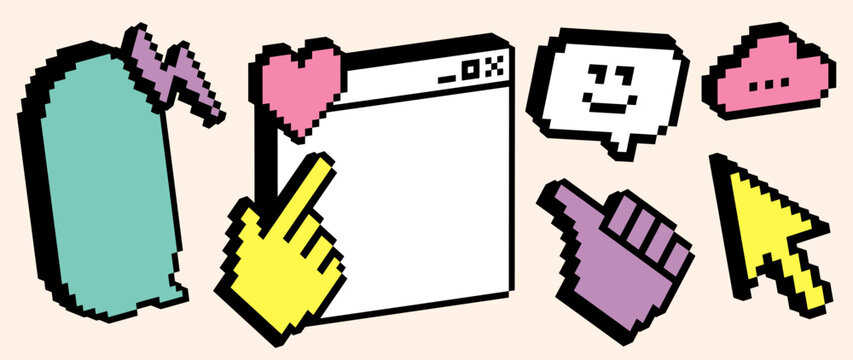 3D Retro Y2K pixel internet UI pack with browser window, cursor, chat, reactions and social icons. 8-bit web interface elements for digital communication, social media, apps and online interaction
