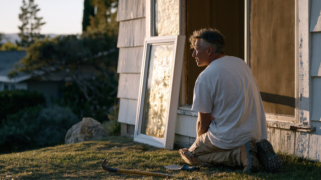 window glazier kneeling on residential lawn outside low ranch-style house removing deteriorated single-pane aluminum window from exterior opening, pry bar and putty knife on