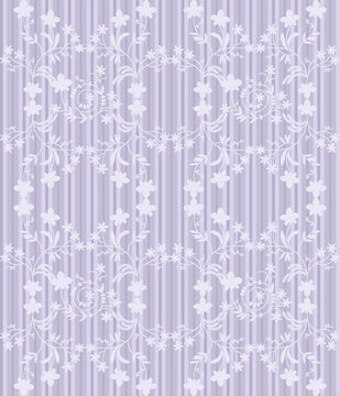 Seamless vintage floral pattern with delicate white vines on pastel lavender stripes. Romantic folk art design for textile, fabric, wallpaper spring decor