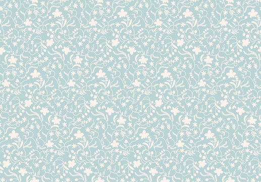 Seamless vintage floral pattern with delicate white vines and blossoms on a soft light blue background. Romantic folk art design for textile, fabric, wallpaper, wrapping paper spring decor
