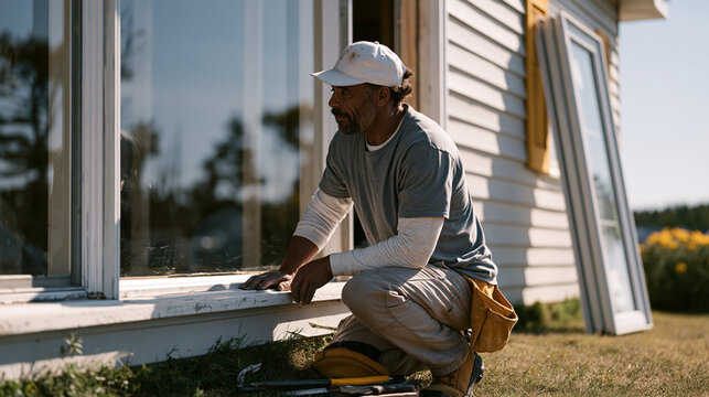 window glazier kneeling on residential lawn outside low ranch-style house removing deteriorated single-pane aluminum window from exterior opening, pry bar and putty knife on
