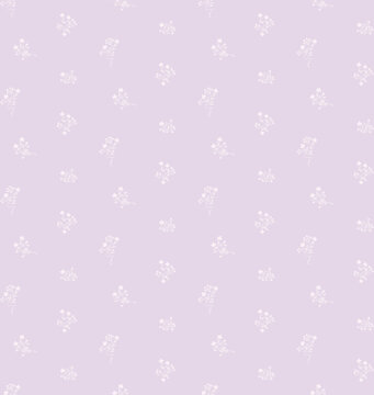 Seamless vintage floral pattern with delicate white sprays on a soft pale lavender background. Romantic folk art design for textile, fabric, wallpaper, wrapping paper spring nursery decor