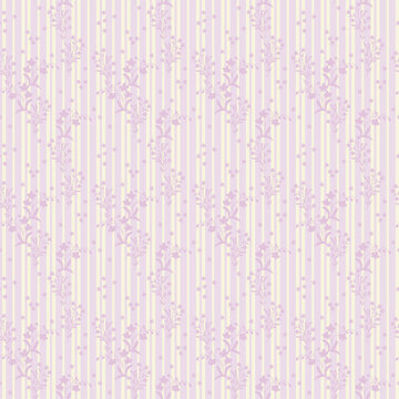 Seamless vintage floral pattern with delicate wildflower sprays and stars on pastel lavender and pale yellow vertical stripes. Romantic folk art design for textile, fabric, wallpaper, wrapping paper