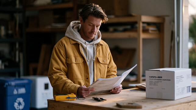 homeowner in weekend clothes standing inside garage reading EV charger installation manual against workbench, circuit tester and wire stripper on bench surface, stud finder