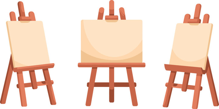 Wooden artist easel with blank canvas vector set illustration mockup for painting isolated on white background