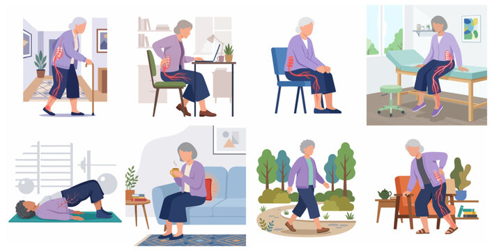 Elderly woman suffering from sciatica and back pain in daily activities set, medical vector illustration