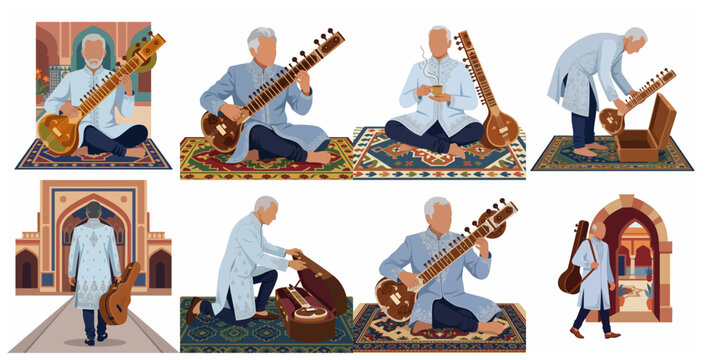 Vector illustration set of a traditional Indian sitar player in various poses, including playing, drinking tea, and traveling with his instrument.