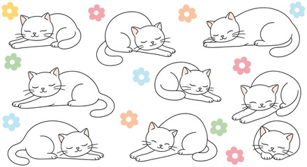 Line art cats and flowers pattern on a white background © Imdadul_Studio