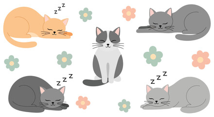 Sleeping and sitting cats colorful vector illustration on a white background © Imdadul_Studio