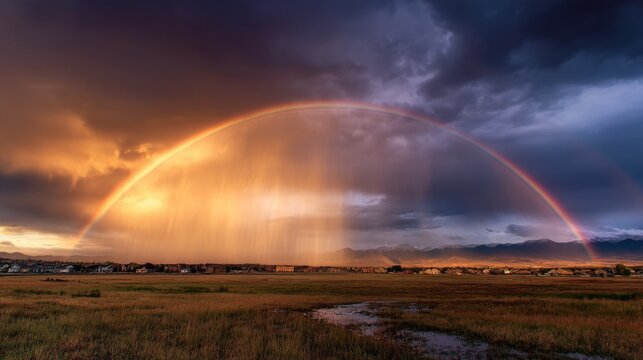 With the clouds separating, the heavens unveiled a brilliant spectrum stretching across the horizon, while the wet earth glowed in post-rain freshness.