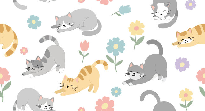 Cats And Flowers Vector Illustration On White Background felines kitten