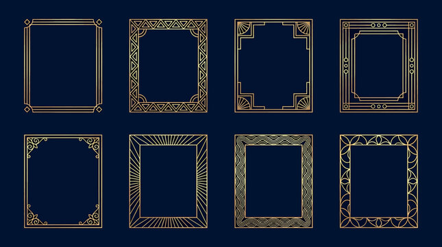 Set of art deco gold frames, vintage border elements for luxury design, geometric and floral patterns, vector illustration on dark blue background