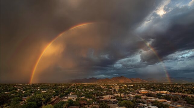As storm clouds drifted apart, the sky revealed a stunning rainbow arch across the horizon, while rain-soaked earth shimmered with fresh renewal.