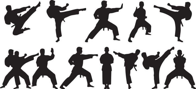 Martial arts silhouettes, karate poses, black vector icons, fighting stances, kickboxing illustrations
