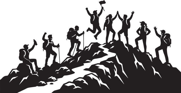 Black silhouettes of hikers on mountain peak, adventure icons, summit success vector graphics, outdoor climbing illustrations