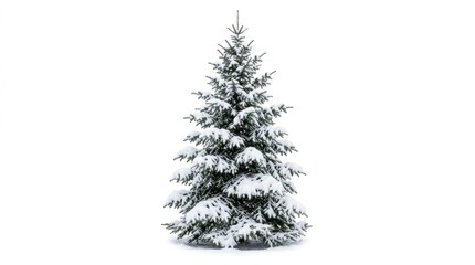Fototapeta premium Spruce tree covered in snow on white background with bright lighting for christmas holiday advertising