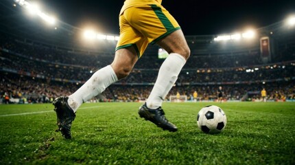 Fototapeta premium Soccer player sprinting toward ball on grass pitch under stadium lights in wide shot for sports marketing campaign